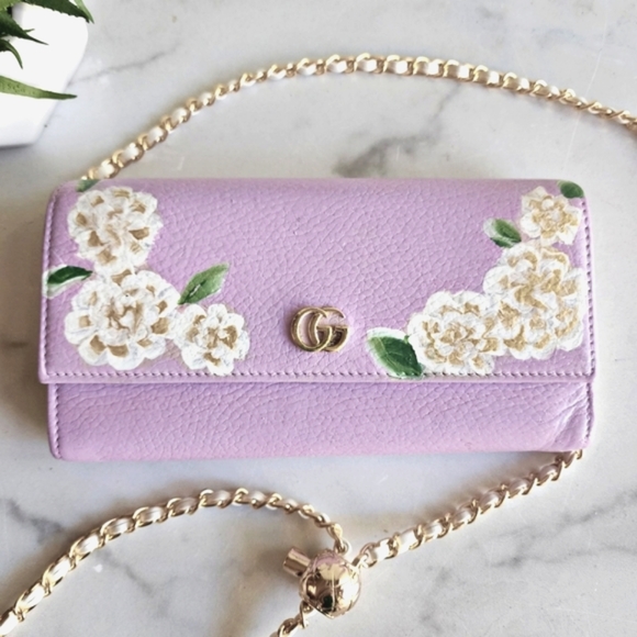Gucci Lavendar Long Front Flap Wallet on Chain, Handpainted Flowes - Picture 1 of 11